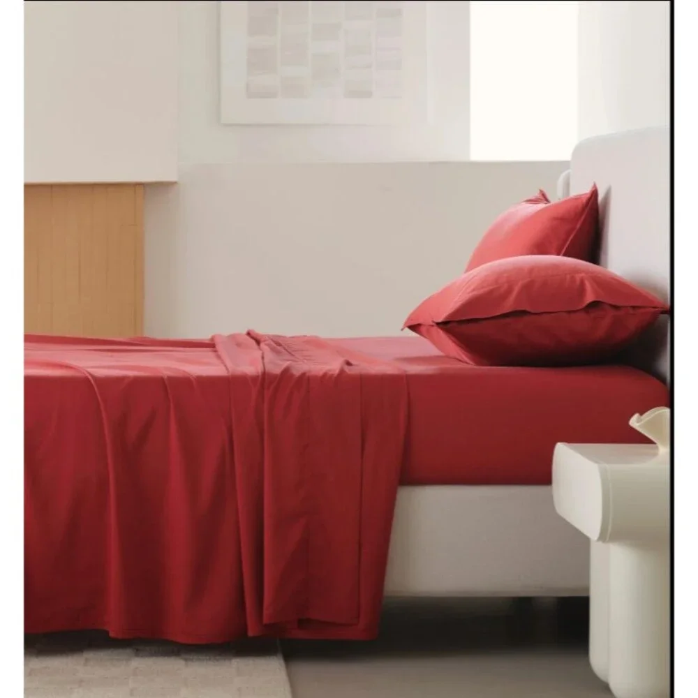 Double Stitch Cotton Tencel Sheet - Bed Sheets Set King Size, 4Pc Christmas Red